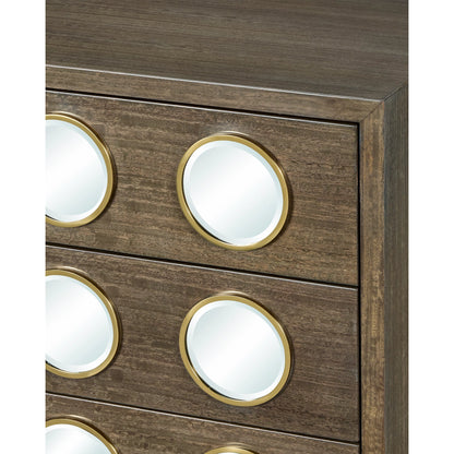 Colette Chest by Currey and Company in tawny brown, polished brass, mirror, rose. Made from figured eucalyptus, stainless steel, glass, faux velvet in a modern style.