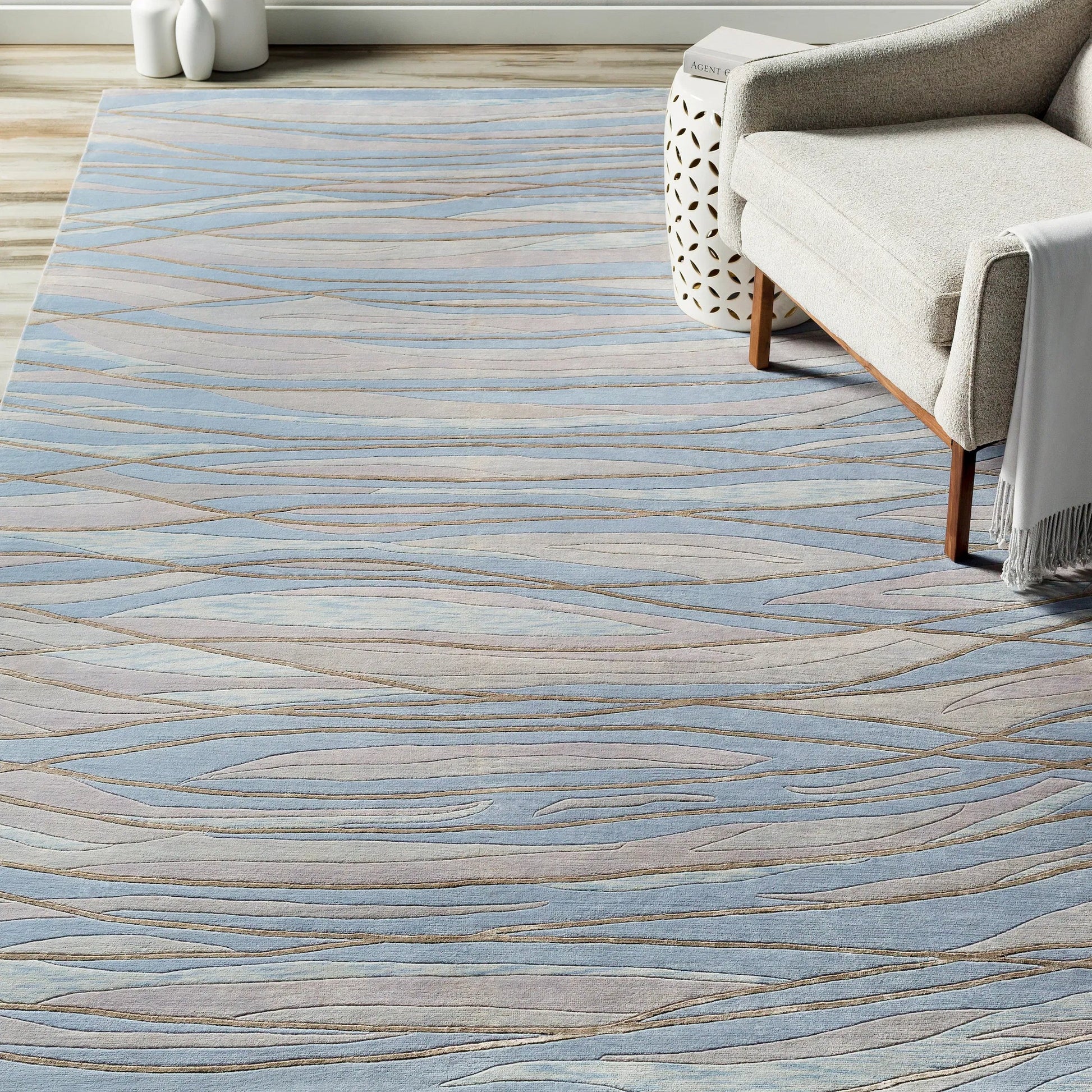 Shibui SH-7406 Indoor/Outdoor Rug by Surya in light blue, light gray, light sage, off-white, brown. Made from 100% semi-worsted new zealand wool in a unique style.