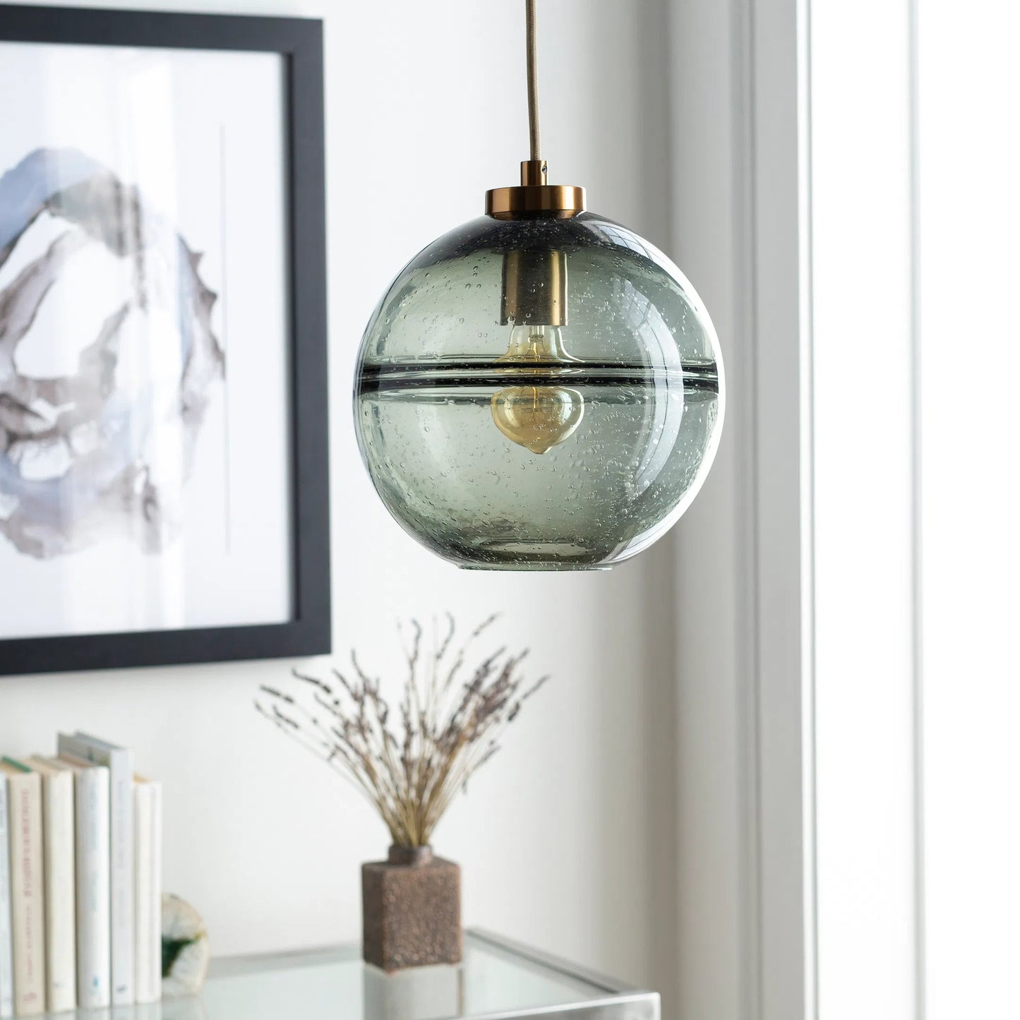 004 SR-755065 | Lifestyle | Shailee Indoor/Outdoor Ceiling Light by Surya in beige, gray, metallic bronze, metallic brass. Made from glass, metal in a modern style.