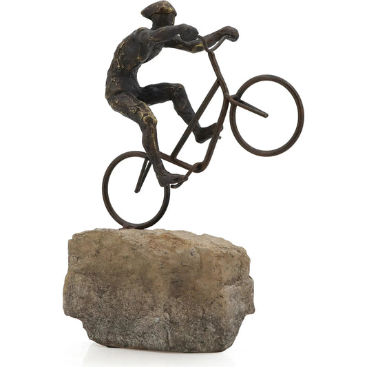 Mountain Biker on Rock Figurine I by Zentique in rustic dark bronze, stone lacquer. Made from resin in a unique style.