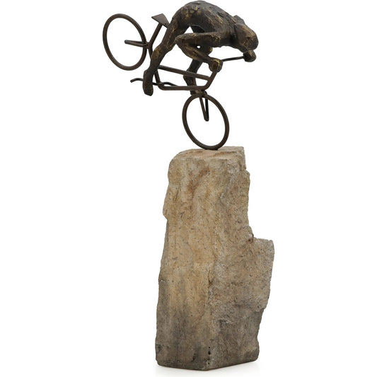 Mountain Biker on Rock Figurine II by Zentique in rustic dark bronze, stone lacquer. Made from resin in a modern style.
