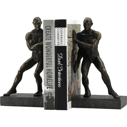 Pushing Men Bookends by Zentique in rustic dark bronze. Made from resin in a unique style.
