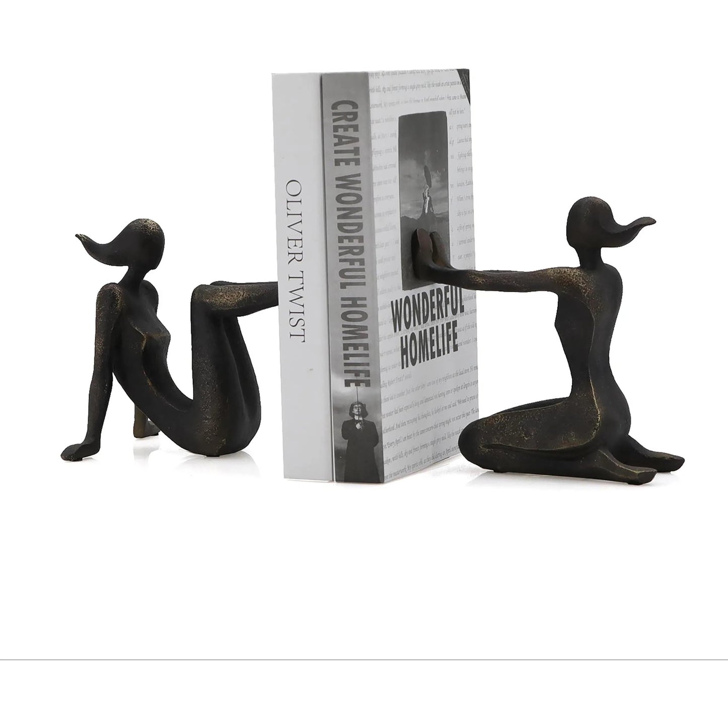 003 SI-2448939 | Lifestyle | Pushing Women Bookends by Zentique in rustic dark bronze. Made from resin in a modern style.