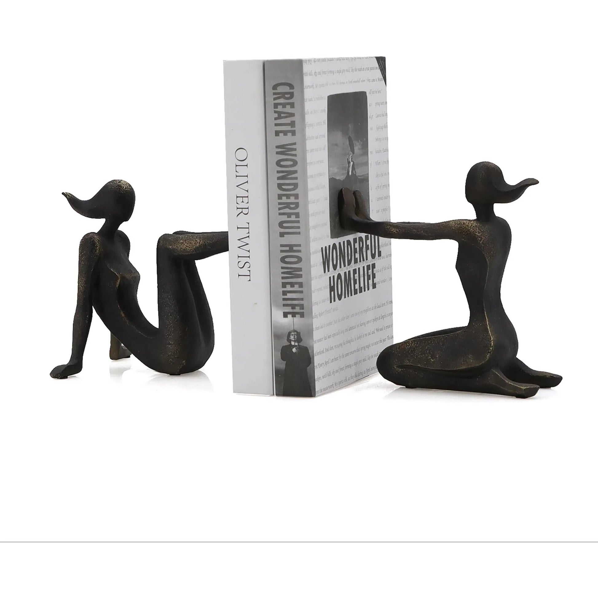 Pushing Women Bookends by Zentique in rustic dark bronze. Made from resin in a modern style.