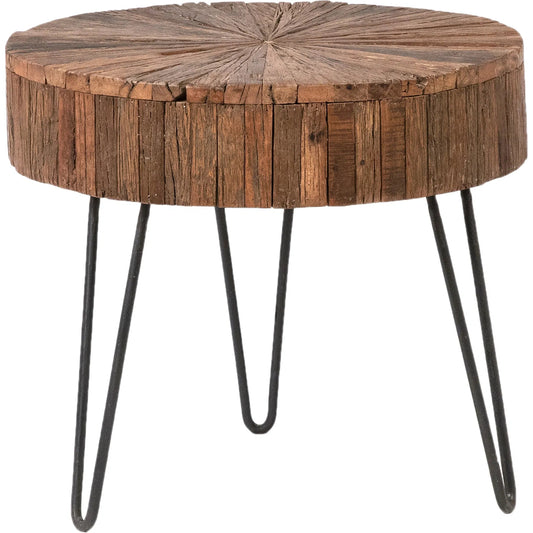 Guidan Side Table by Arch & Plane in antique brown sealed finish, gunmetal legs. Made from reclaimed acacia wood top, iron legs in a unique style.
