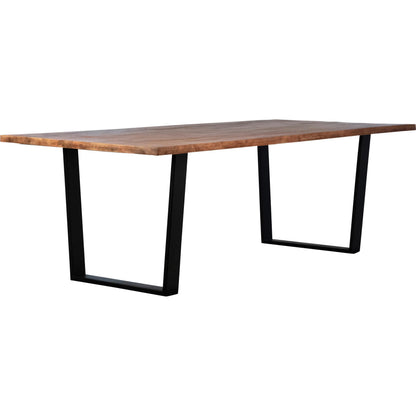 Braeden Dining Table by Arch & Plane in medium brown sealed top, black base. Made from acacia wood top, iron base in a traditional style.