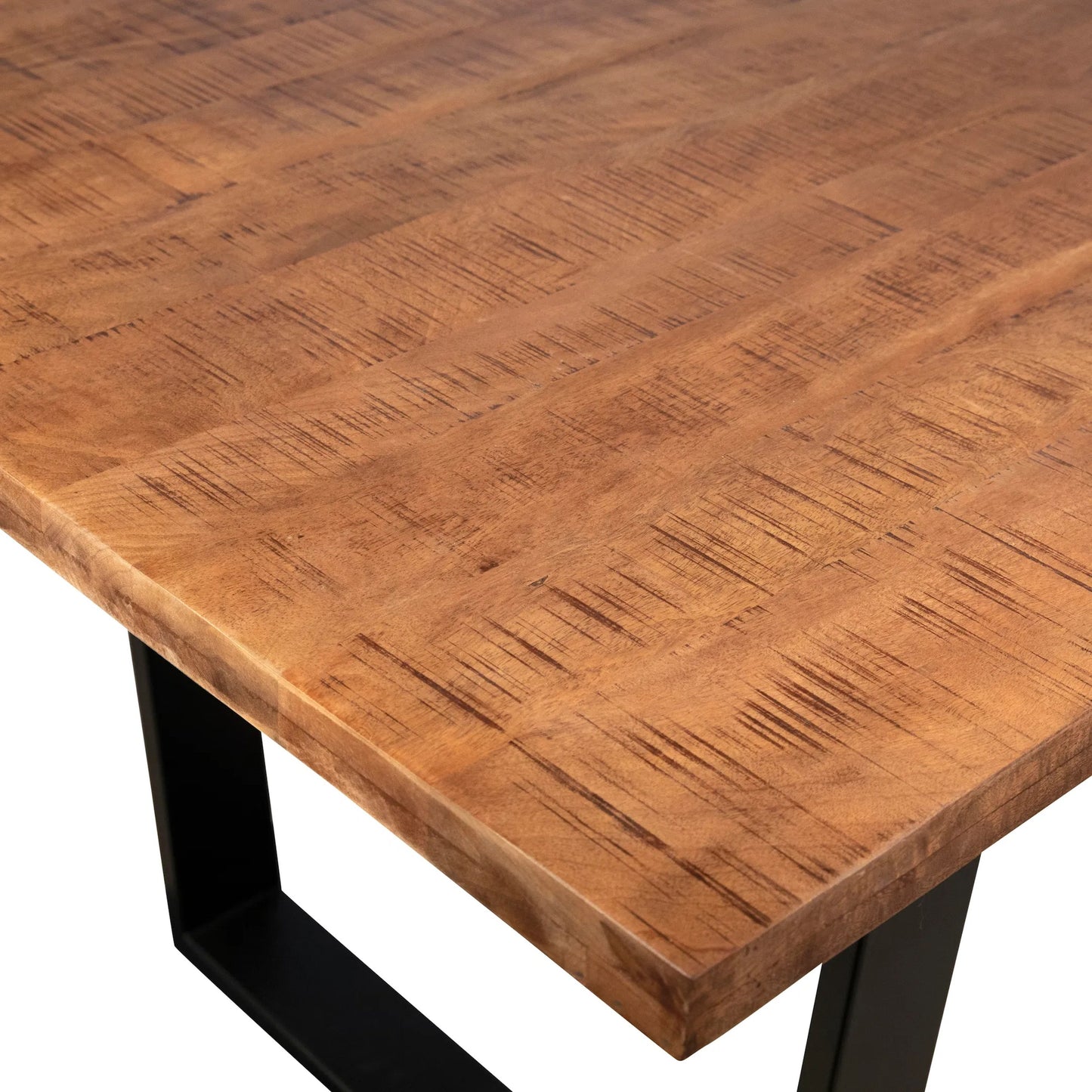 006 SI-2351185 | Closeup | Braeden Dining Table by Arch & Plane in medium brown sealed top, black base. Made from acacia wood top, iron base in a traditional style.