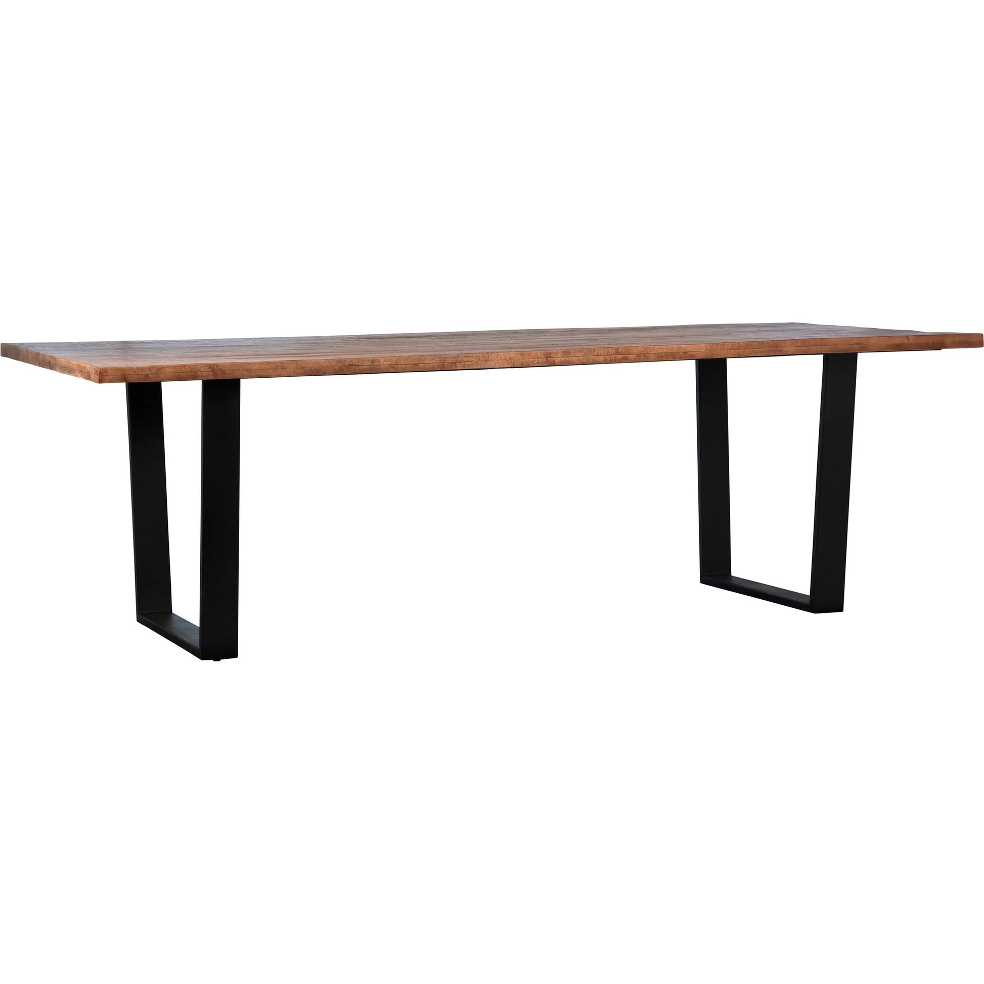 Braeden Dining Table by Arch & Plane in medium brown sealed top, black base. Made from acacia wood top, iron base in a traditional style.