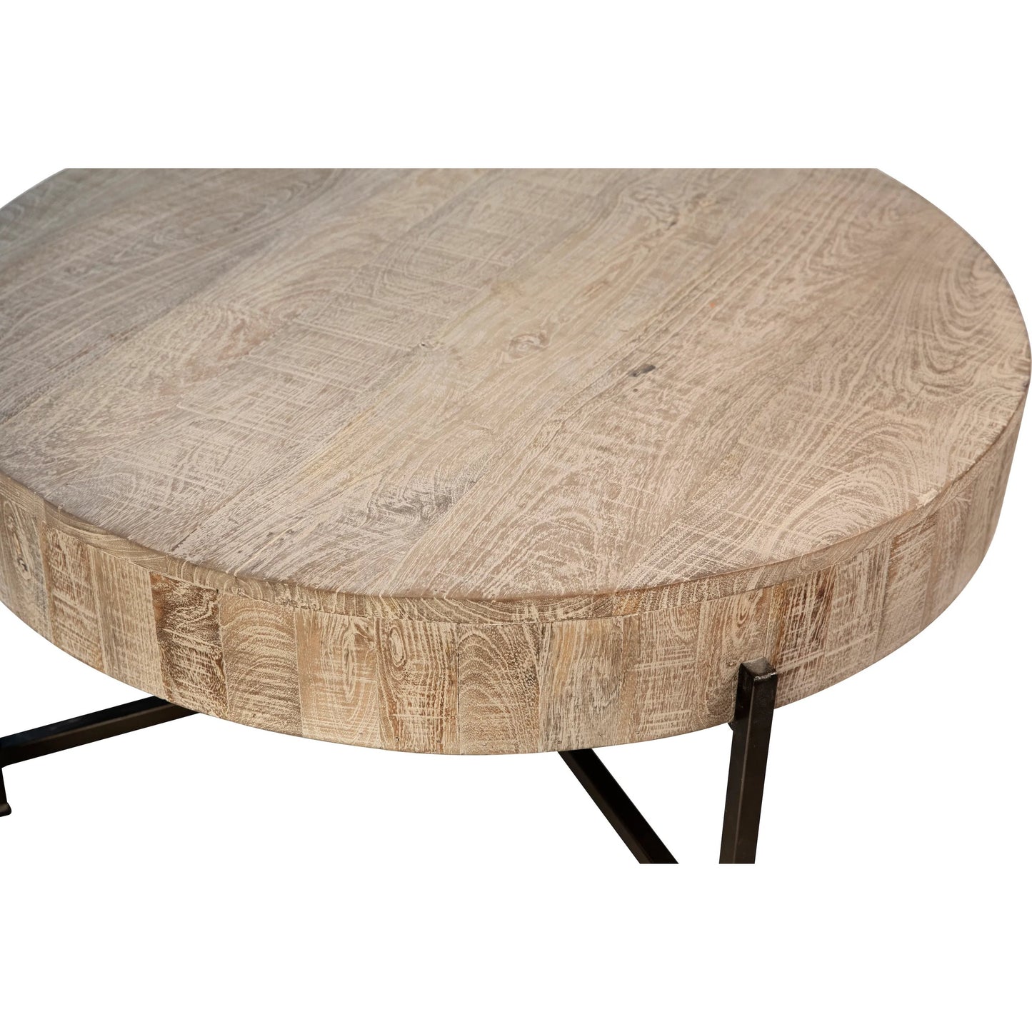 003 SI-2351186 | Closeup | Clarabelle Coffee Table by Arch & Plane in light warm wash sealed top, black base. Made from reclaimed mango wood, iron in a transitional style.