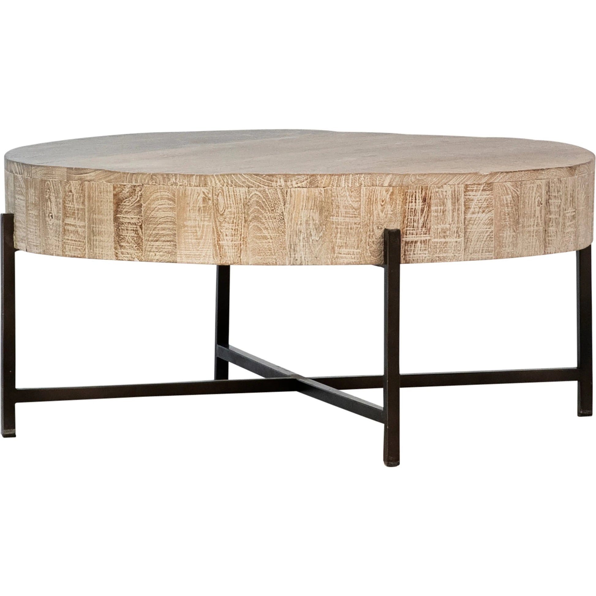 Clarabelle Coffee Table by Arch & Plane in light warm wash sealed top, black base. Made from reclaimed mango wood, iron in a transitional style.