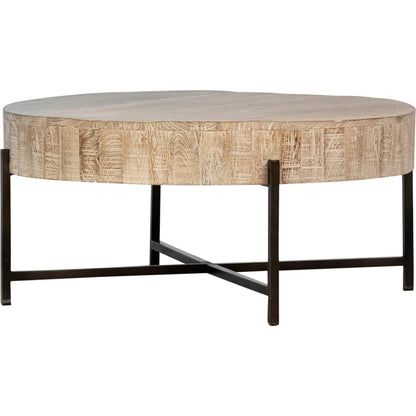 Clarabelle Coffee Table by Arch & Plane in light warm wash sealed top, black base. Made from reclaimed mango wood, iron in a transitional style.