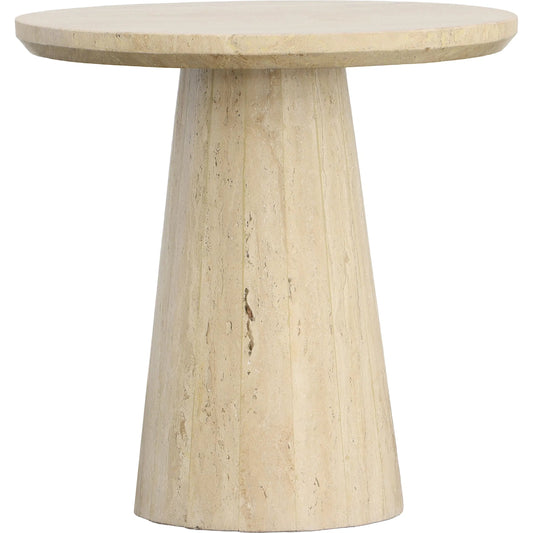 Benjamin End Table by Arch & Plane in beige. Made from travertine stone in a transitional style.