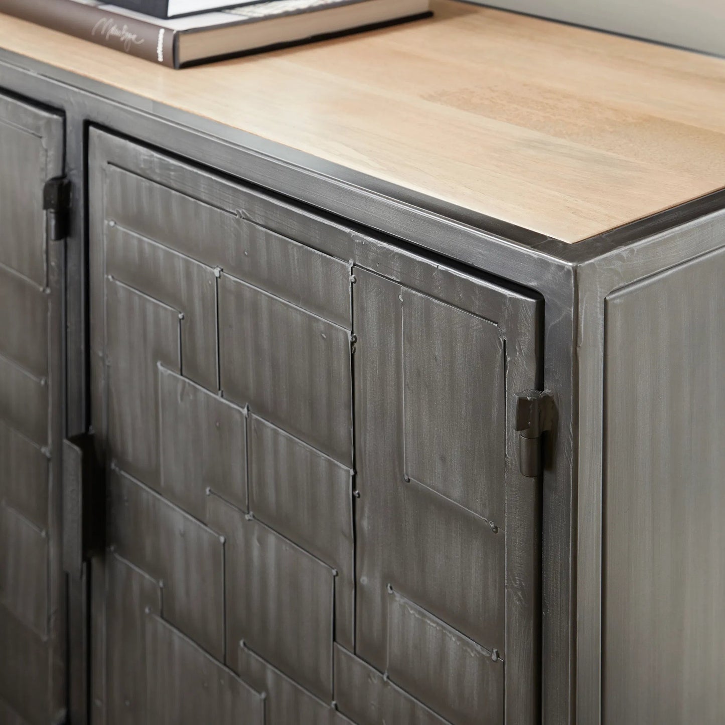 003 SI-2238767 | Closeup | 3-Door Metal Sideboard by Pulaski Furniture in gray and metal. Made from mango wood in a unique style.