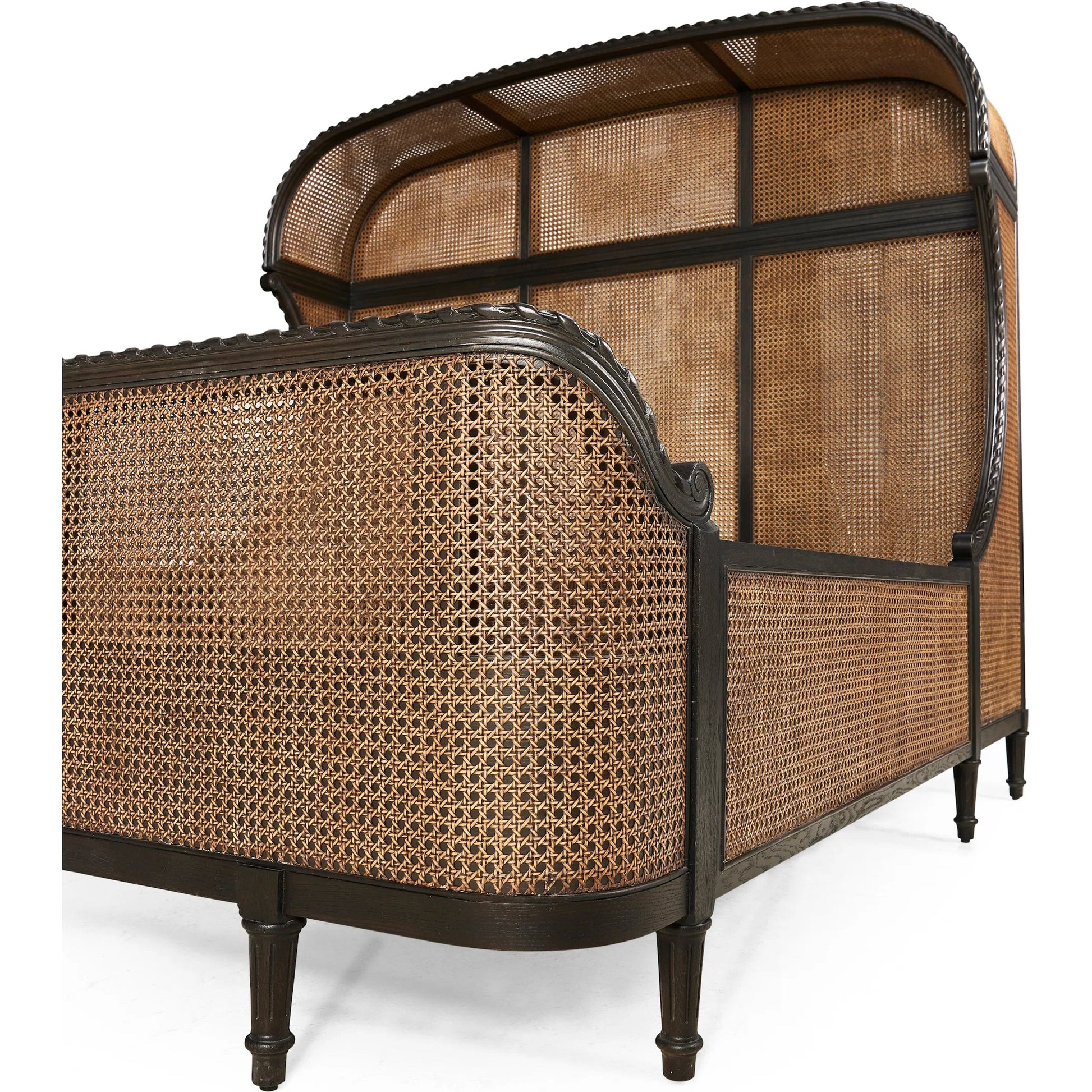 Tangiers Shelter Bed by Jonathan Charles in brown, black and ebonized oak. Made from oak solids, natural cane, flat-cut oak veneers in a rustic style.