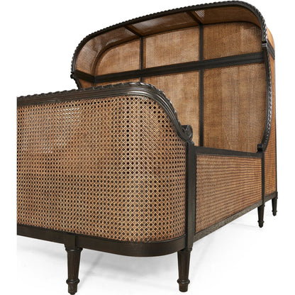 Tangiers Shelter Bed by Jonathan Charles in brown, black and ebonized oak. Made from oak solids, natural cane, flat-cut oak veneers in a rustic style.