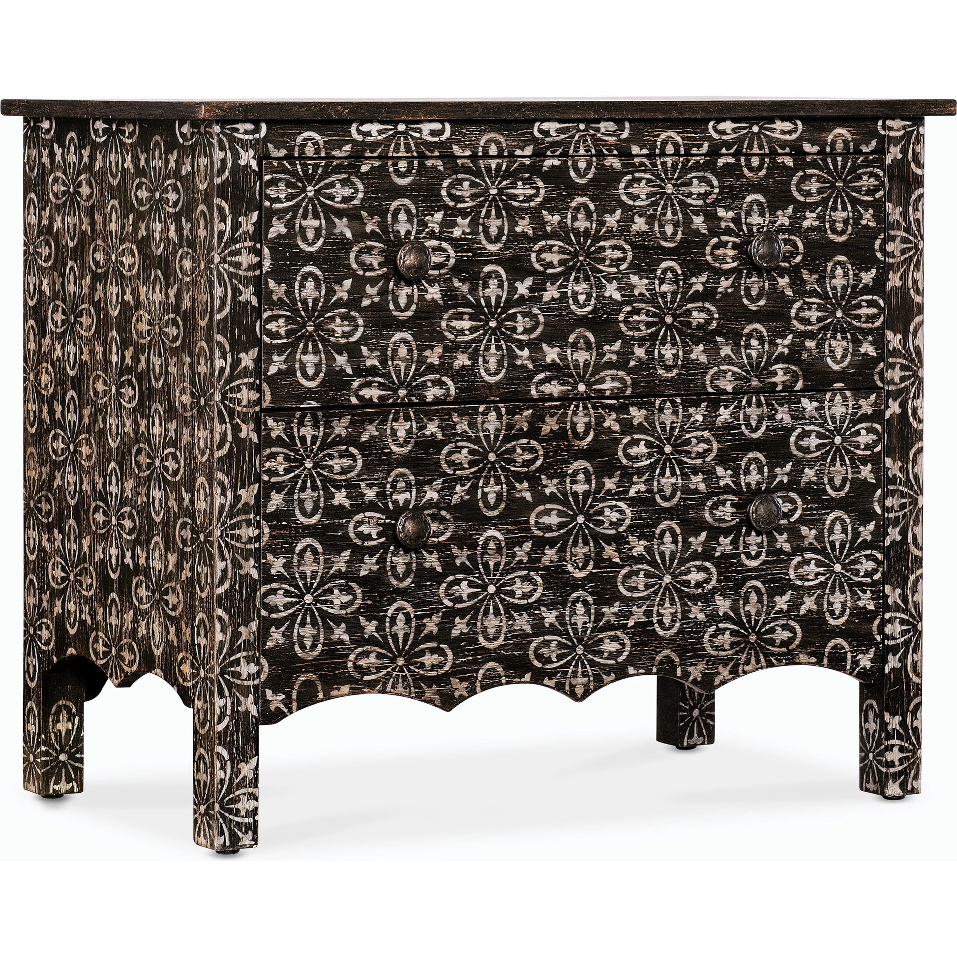 Americana Two-Drawer Nightstand by Hooker Furniture in black and molasses finish. Made from oak veneers in a cottage & farmhouse style.