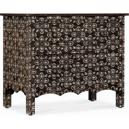 Americana Two-Drawer Nightstand by Hooker Furniture in black and molasses finish. Made from oak veneers in a cottage & farmhouse style.