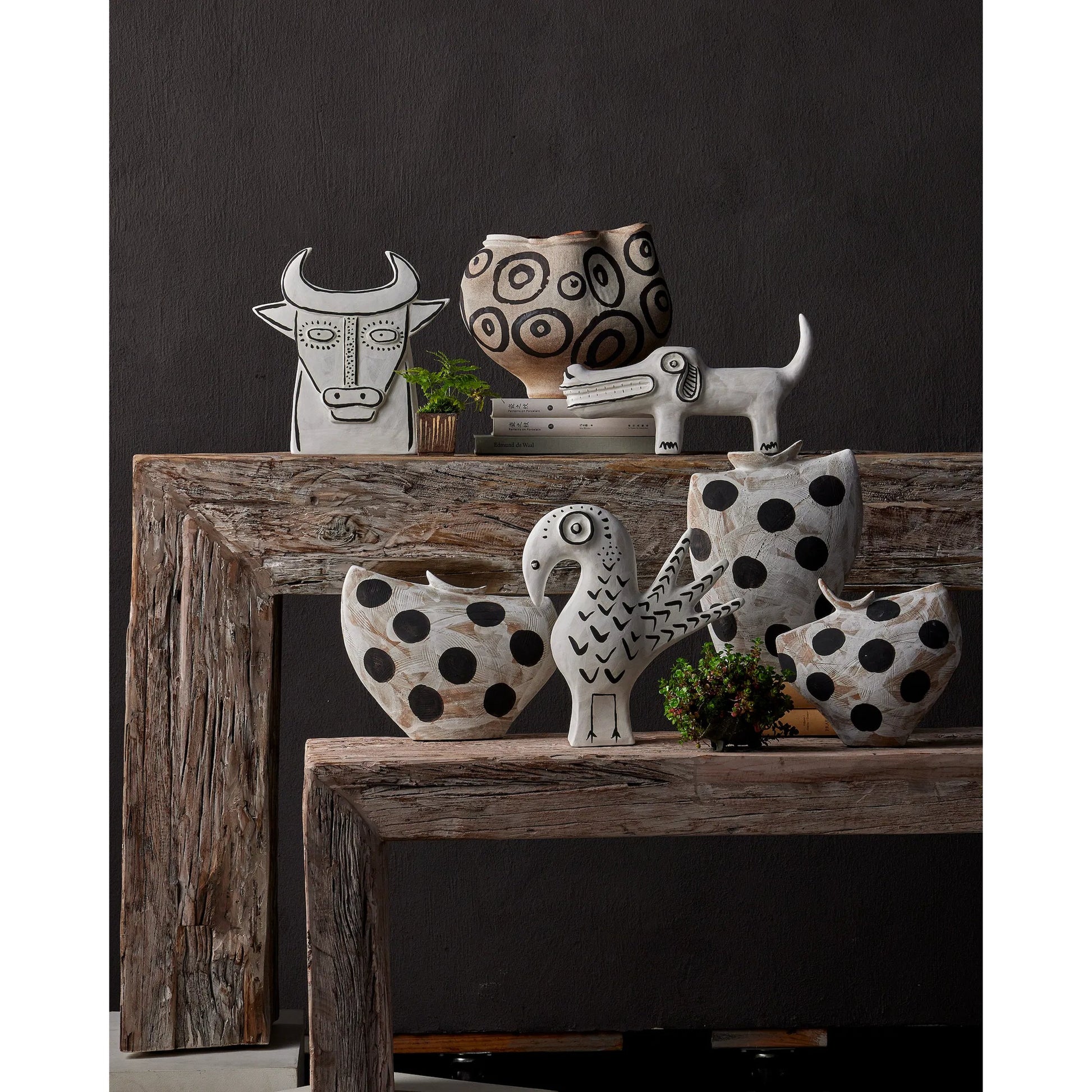 Norman the Peacock by Currey and Company in washed white, black. Made from porcelain in a eclectic & global style.