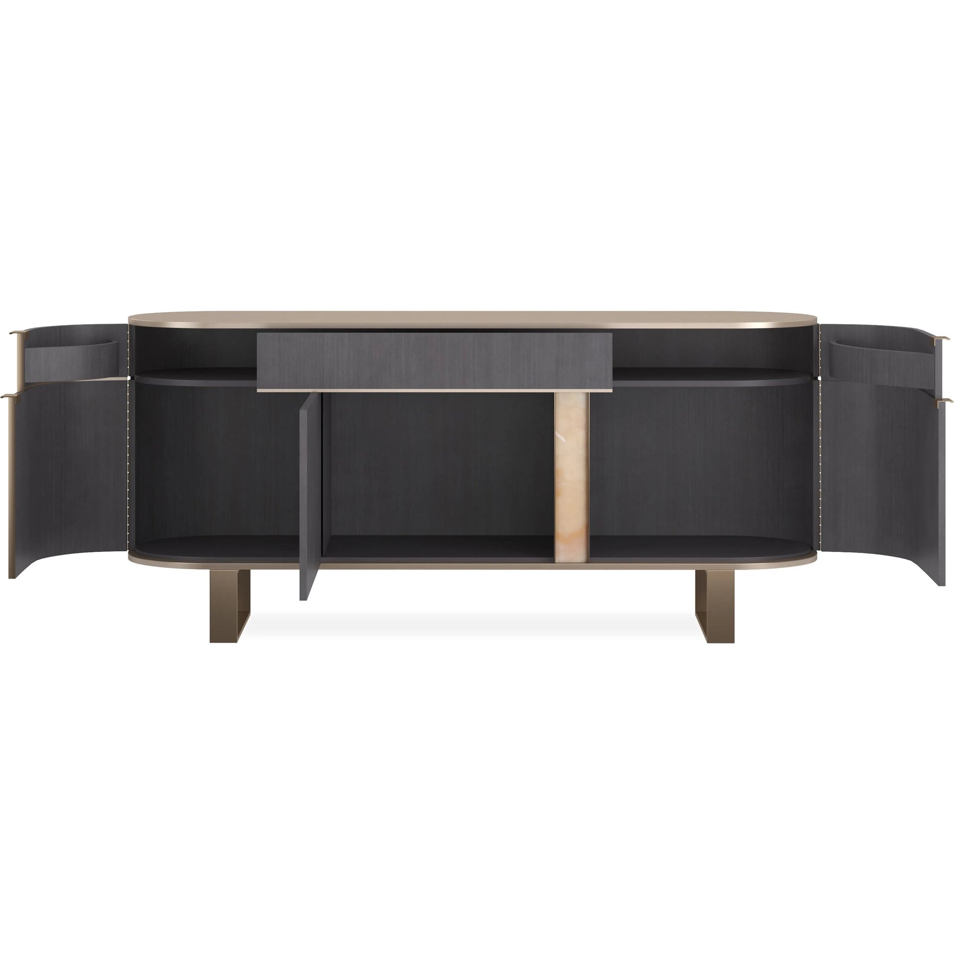 Piet Sideboard by Caracole in zinc, brushed gold paint, brushed gold. Made from asian hardwood in a modern style.
