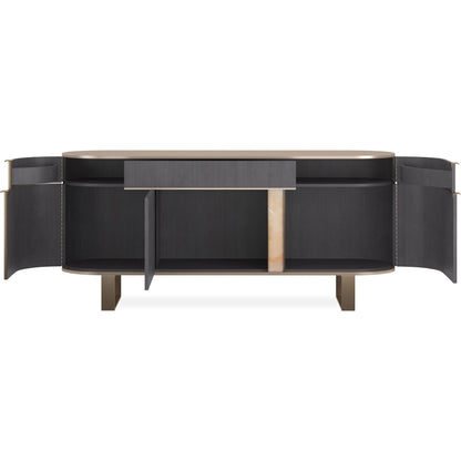 Piet Sideboard by Caracole in zinc, brushed gold paint, brushed gold. Made from asian hardwood in a modern style.