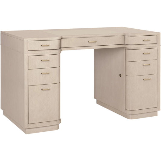 Marlowe Knee-Hole Desk by Hooker Furniture in light wood and polished limestone, quartered oak veneers. Made from white oak solids, white oak veneers, leather in a unique style.