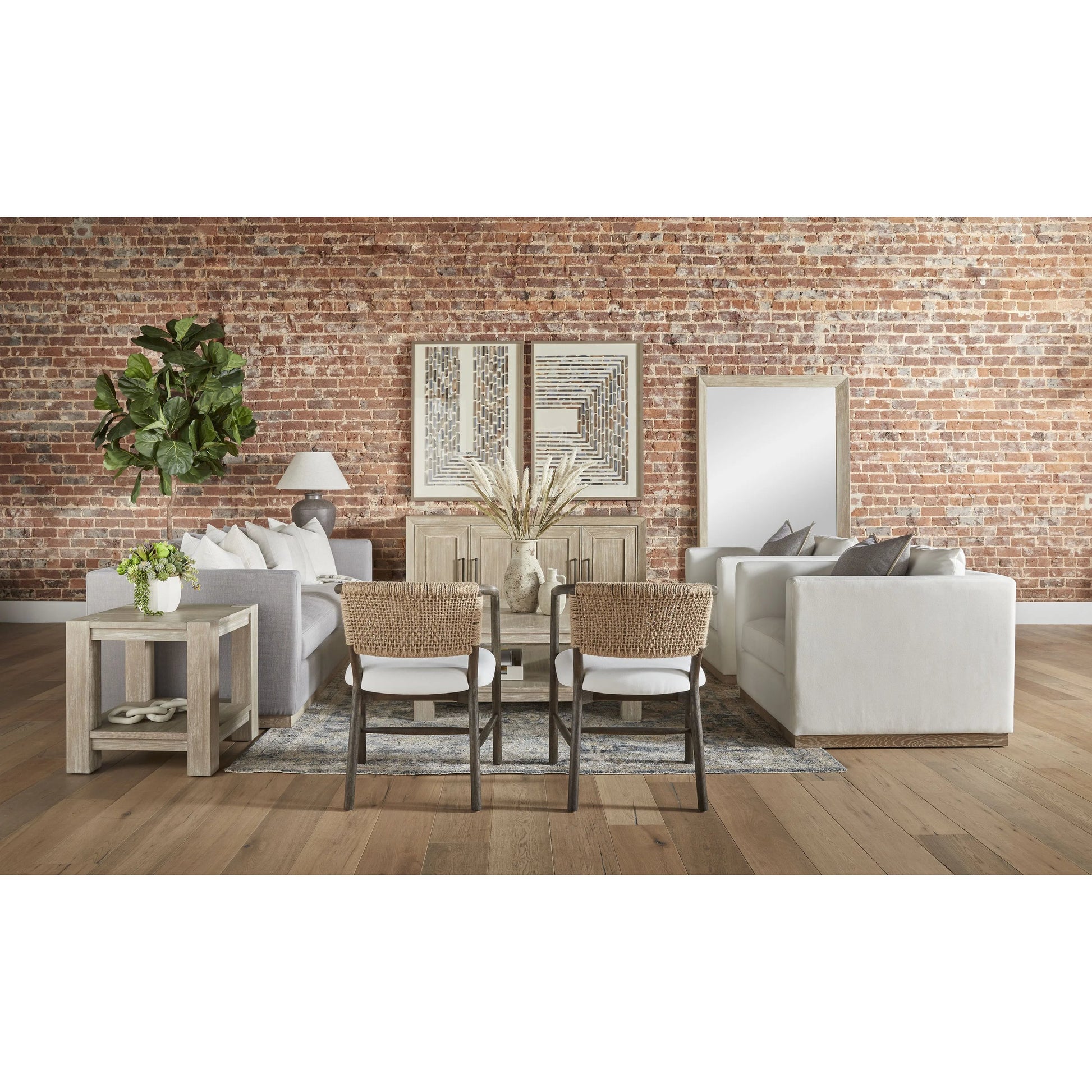 Siena Plinth Base Sofa Chair by Essentials For Living in natural gray oak, livesmart machale-ivory. Made from solid oak wood, mdf, plywood, 100% polyester fabric, foam, feather in a modern style.