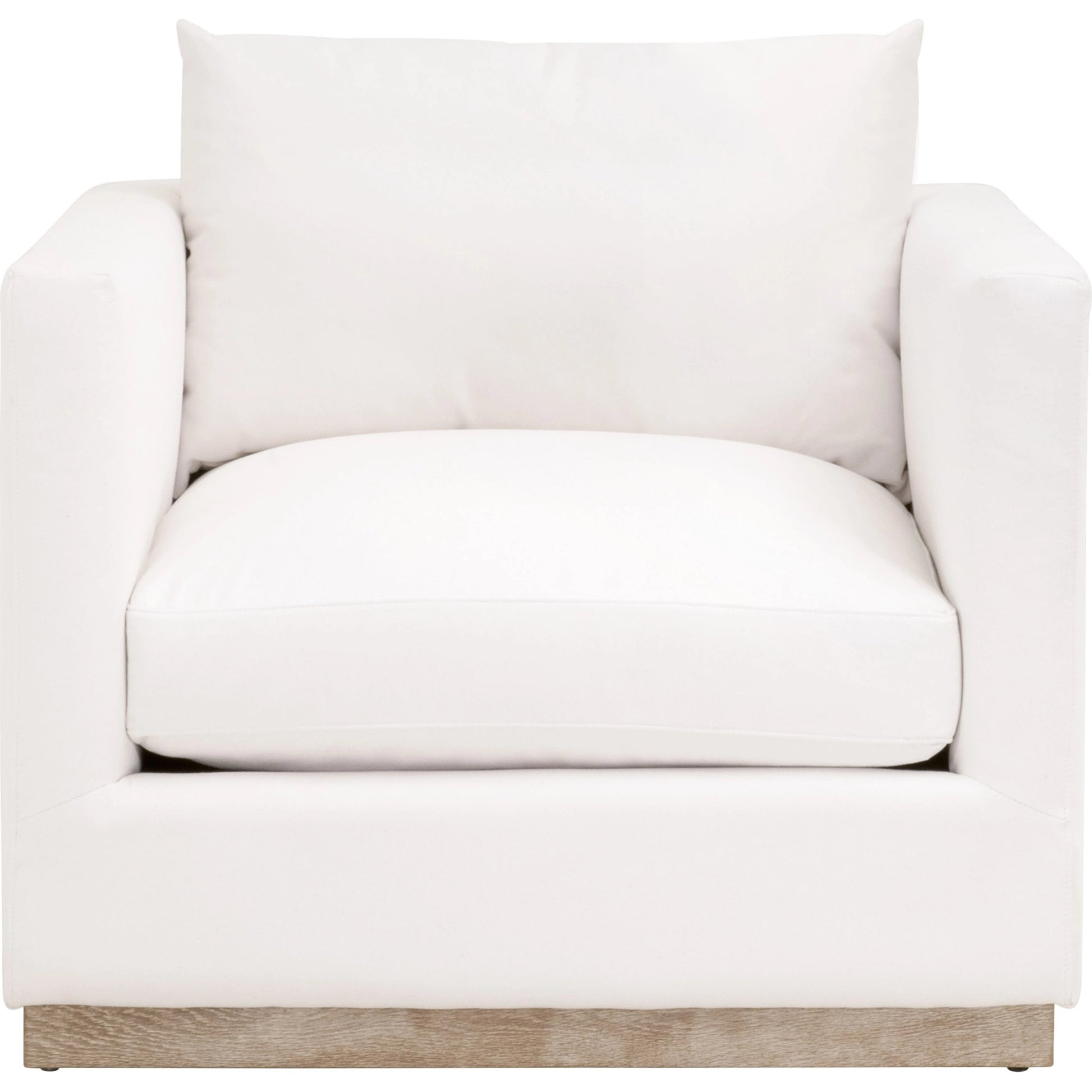 Siena Plinth Base Sofa Chair by Essentials For Living in natural gray oak, livesmart machale-ivory. Made from solid oak wood, mdf, plywood, 100% polyester fabric, foam, feather in a modern style.