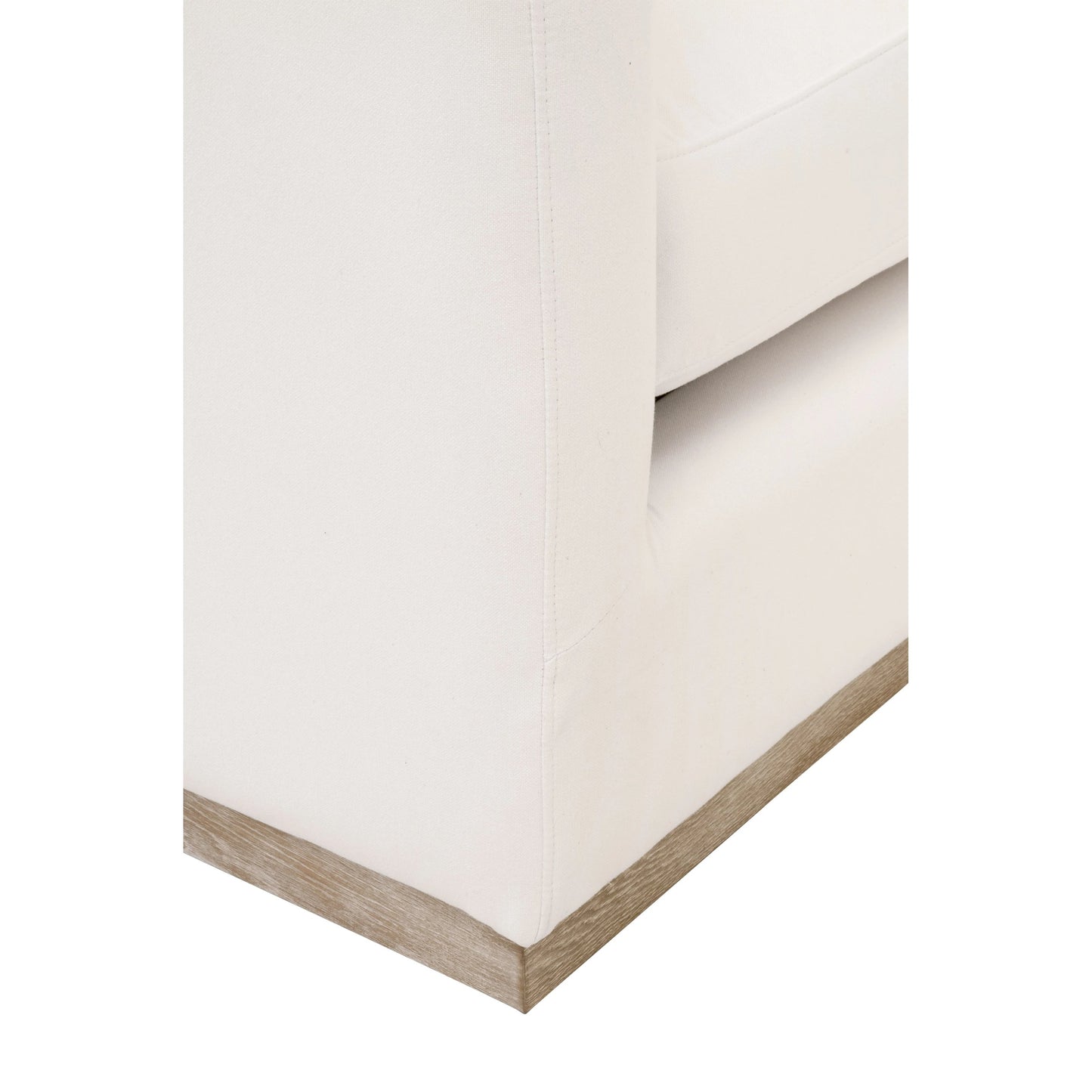 003 SI-1826890 | Closeup | Siena Plinth Base Sofa Chair by Essentials For Living in natural gray oak, livesmart machale-ivory. Made from solid oak wood, mdf, plywood, 100% polyester fabric, foam, feather in a modern style.