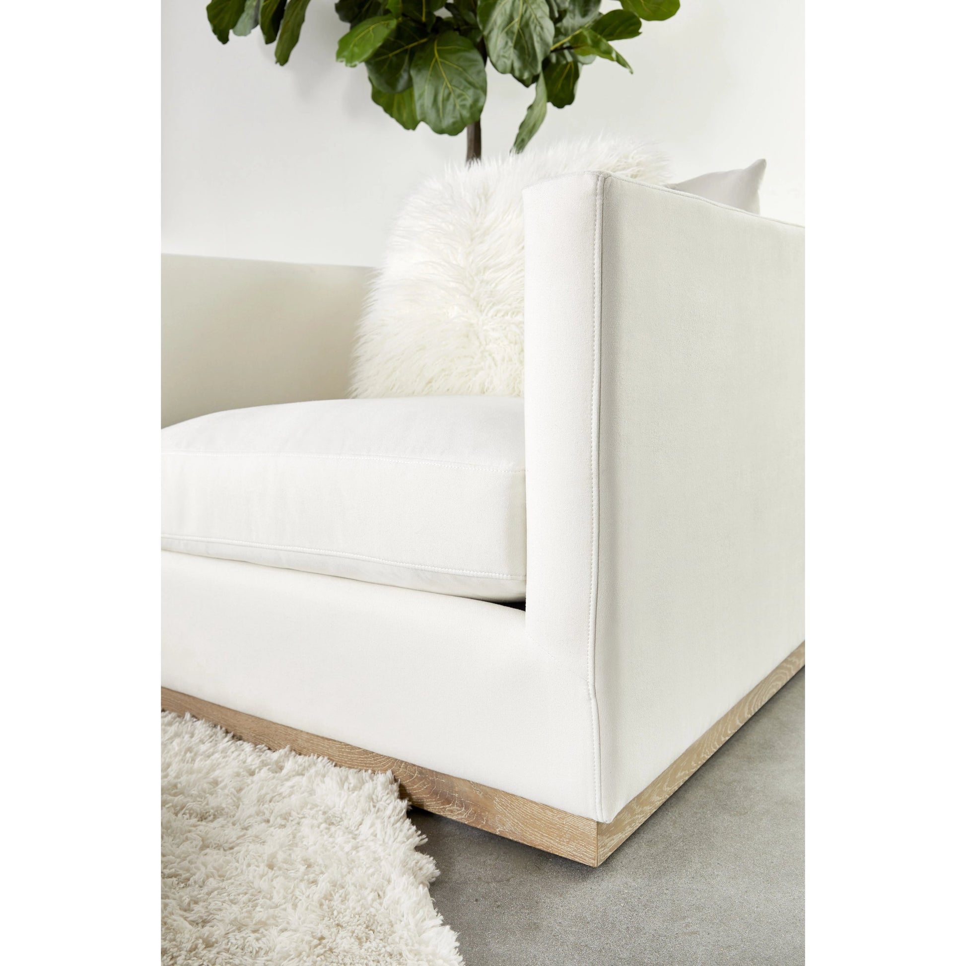 Siena Plinth Base Sofa Chair by Essentials For Living in natural gray oak, livesmart machale-ivory. Made from solid oak wood, mdf, plywood, 100% polyester fabric, foam, feather in a modern style.