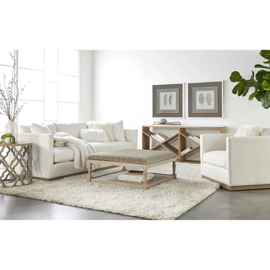 Siena Plinth Base Sofa Chair by Essentials For Living in natural gray oak, livesmart machale-ivory. Made from solid oak wood, mdf, plywood, 100% polyester fabric, foam, feather in a modern style.