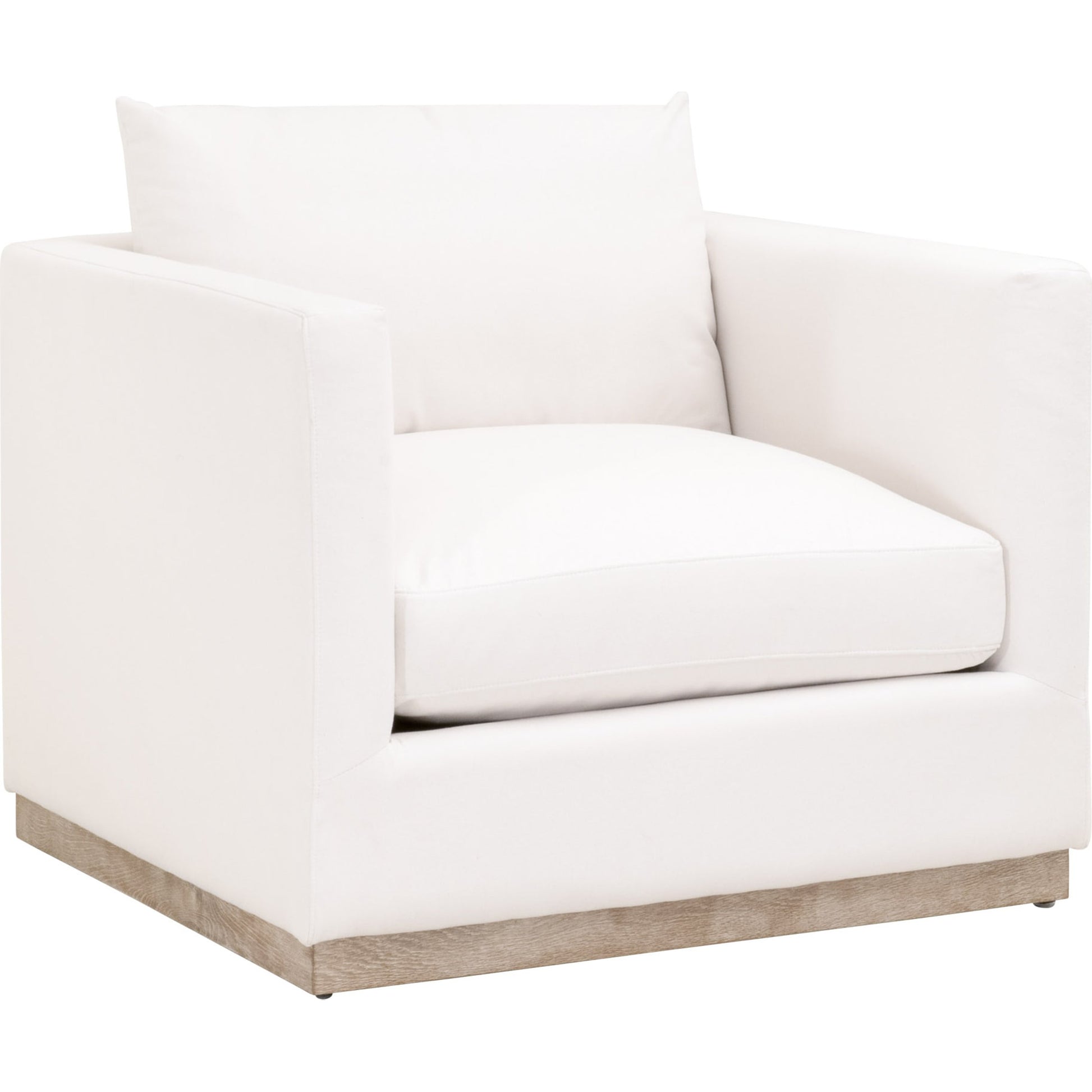 Siena Plinth Base Sofa Chair by Essentials For Living in natural gray oak, livesmart machale-ivory. Made from solid oak wood, mdf, plywood, 100% polyester fabric, foam, feather in a modern style.