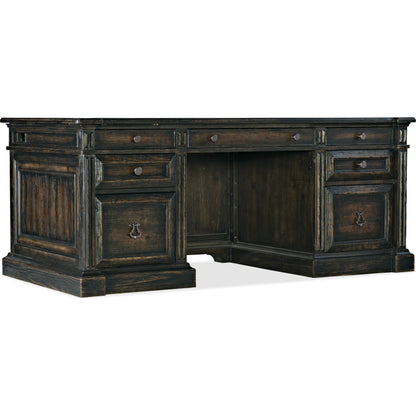 La Grange San Felipe Executive Desk by Hooker Furniture in dark antiqued hickory. Made from pecky hickory veneer, leather, solid-wood edge top in a unique style.
