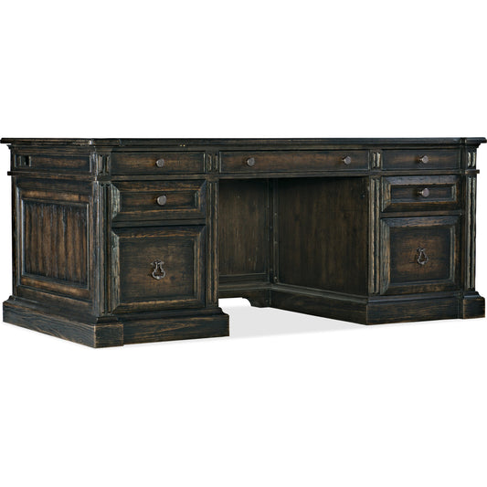 La Grange San Felipe Executive Desk by Hooker Furniture in dark antiqued hickory. Made from pecky hickory veneer, leather, solid-wood edge top in a unique style.