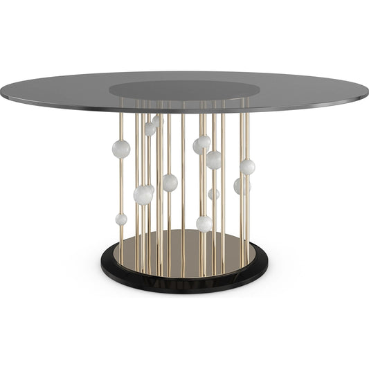 Orbit Dining Table by Caracole in whisper of gold, piano black. Made from glass, metal, marble, birch, paldeo in a unique style.
