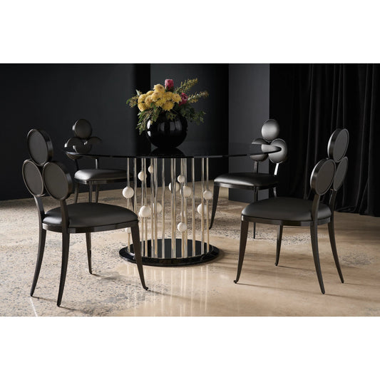 Orbit Dining Table by Caracole in whisper of gold, piano black. Made from glass, metal, marble, birch, paldeo in a unique style.