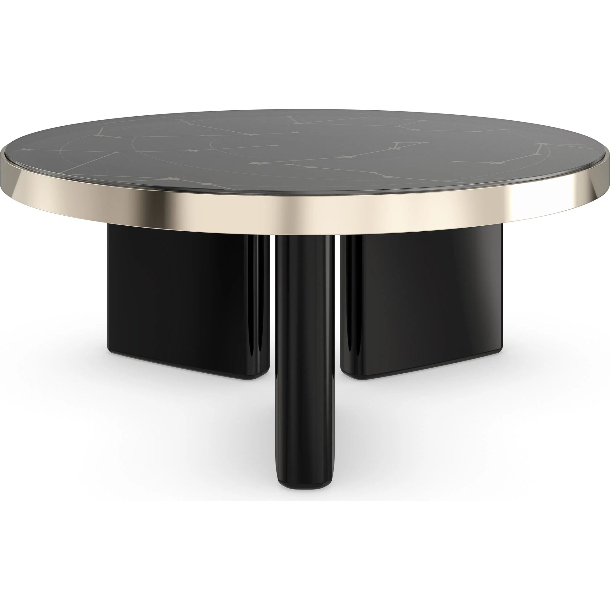 Umbra Large Cocktail Table by Caracole in whisper of gold, silver shadow, piano black. Made from poplar, glass, metal in a modern style.