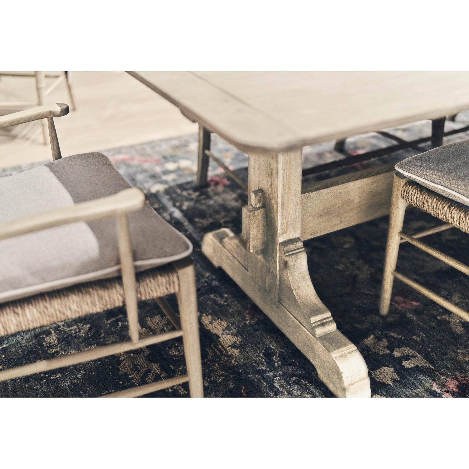 Timeless Doppler Ladderback Arm Chair by Jonathan Charles in stripped brown chestnut. Made from oak, fiber rush, foam, fabric in a coastal style.