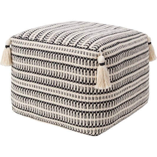 Siren SIR01 Pouf by Jaipur Living in cream, black. Made from 100% cotton fiber in a rustic style.