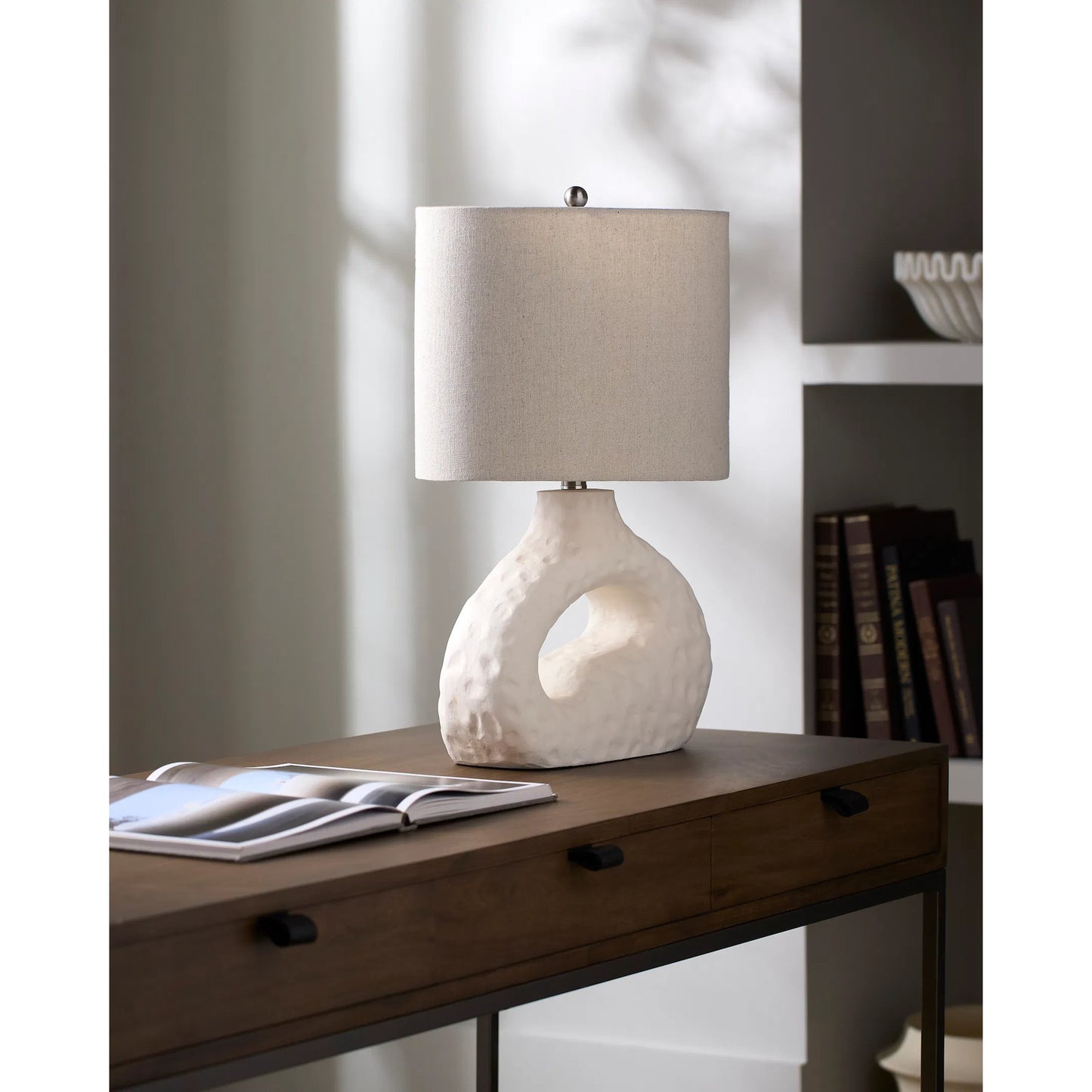 002 SI-2258292 | Lifestyle | Susitna Accent Table Lamp by Surya in white, metallic nickel, translucent, brown and plated, painted. Made from resin, linen, polyester, steel in a transitional style.