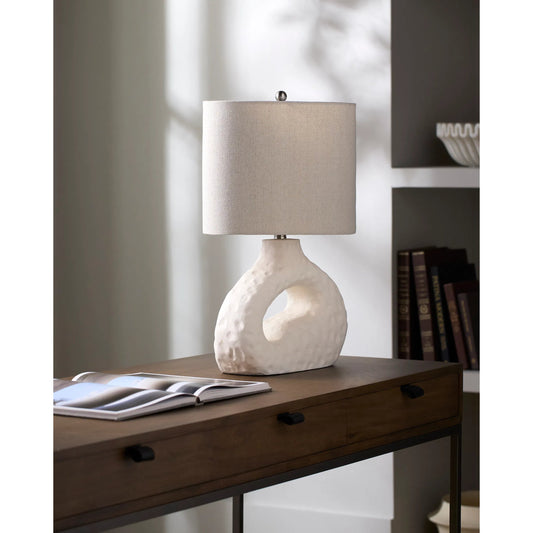 Susitna Accent Table Lamp by Surya in white and plated, painted. Made from resin, linen, polyester, steel in a unique style.