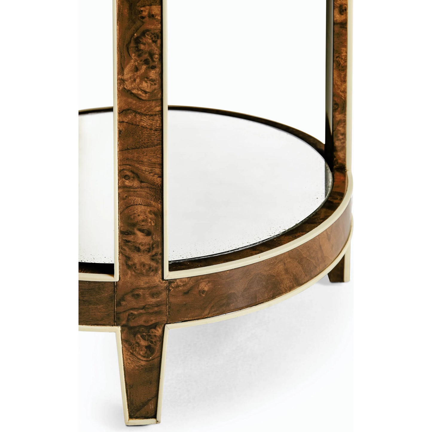 009 SI-2186358 | Closeup | Jacques Round End Table by Jonathan Charles in brown and medium brown mahogany. Made from mahogany veneers, faux bone, glass in a modern style.