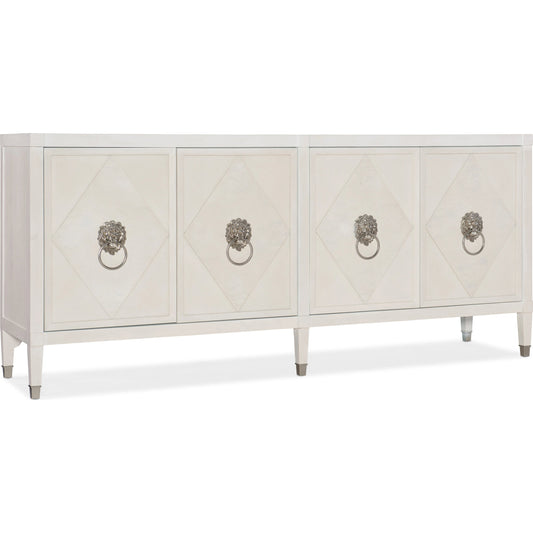 Melange Leo Four Door Credenza by Hooker Furniture in white, tiffany blue. Made from oak, olive ash burl veneers with metal ferrules in a modern style.
