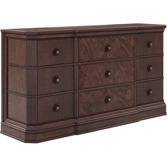 Revival Dresser by A.R.T. Furniture in brown and napa mahogany. Made from rubberwood solids, quarter mahogany veneer, resin, metal in a unique style.
