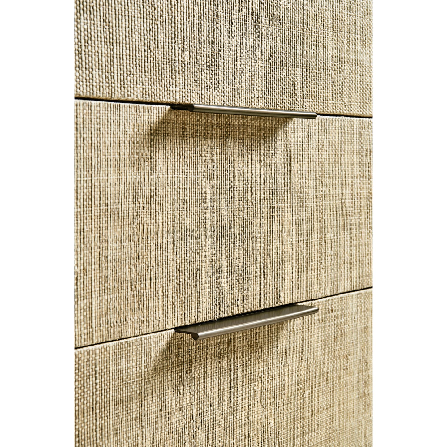 006 SI-2186254 | Closeup | Water Seiche Woven Night Stand by Jonathan Charles in bleached oak. Made from oak, grass cloth, brass in a unique style.