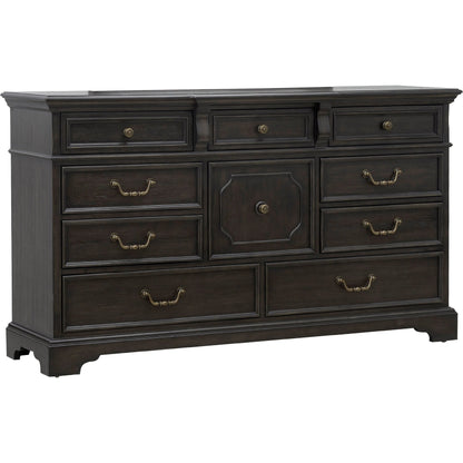 Hickory Creek 10 Drawer Dresser by Pulaski Furniture in brown velvet. Made from split heart cathedral hickory veneers in a unique style.