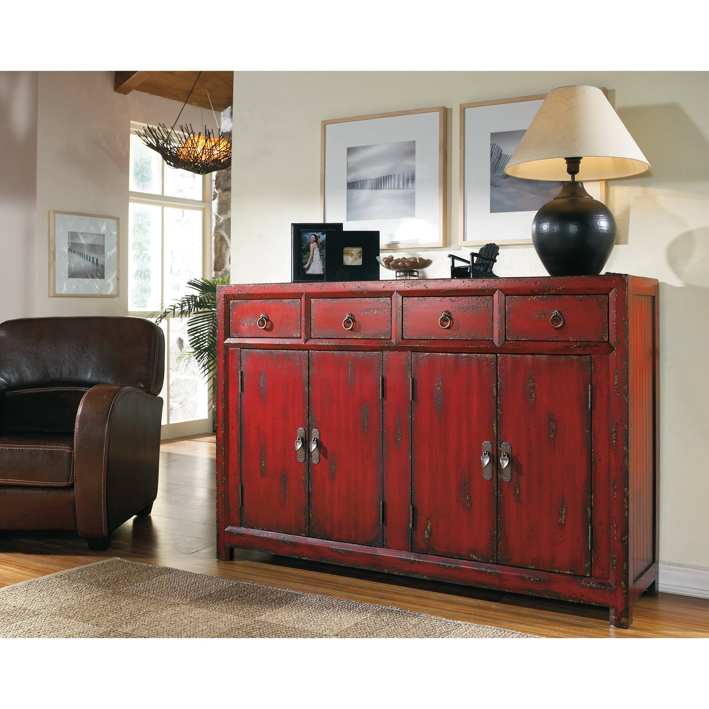 002 SI-1749443 | Lifestyle | Asian Cabinet by Hooker Furniture in red. Made from veneers, hand painting in a traditional style.