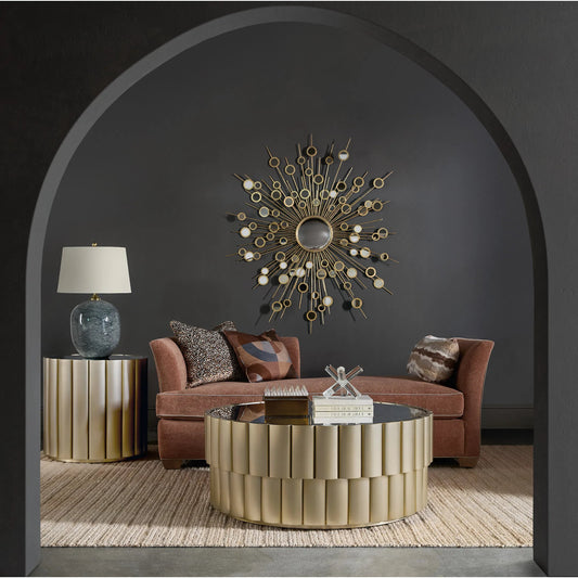 Melange Time Flies End Table by Hooker Furniture in champagne silver, gold metal. Made from metal, mirror in a modern style.