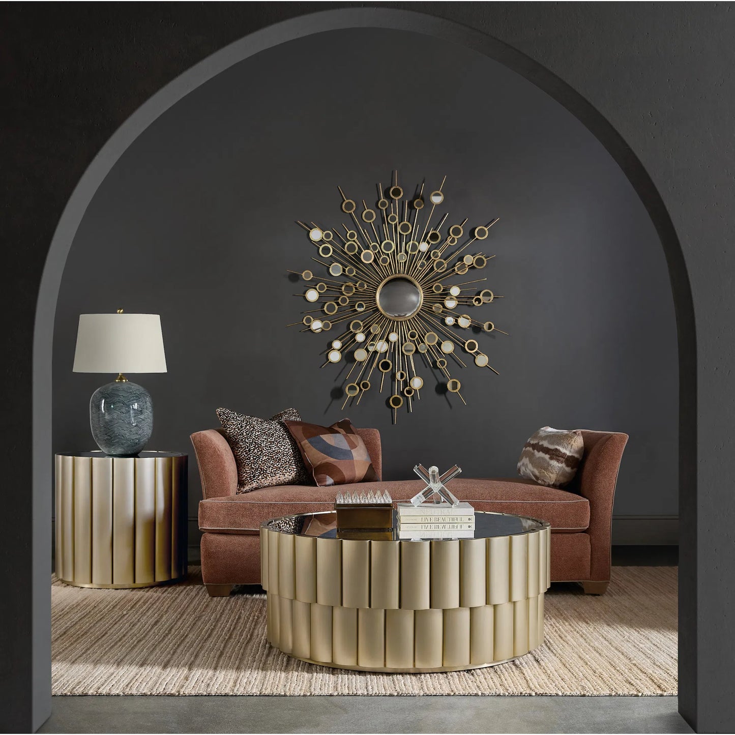 003 SI-2458418 | Lifestyle | Melange Time Flies Cocktail Table by Hooker Furniture in champagne silver, gold metal. Made from fabric, 82% polyester, 13% acrylic, 5% linen, metal, mirror in a modern style.