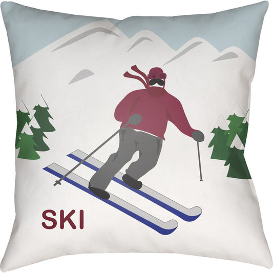 Ski I Pillow - 29856 by Livabliss in white, green, blue, red, gray. Made from front: 100% polyester, back: 100% polyester in a cottage & farmhouse style.