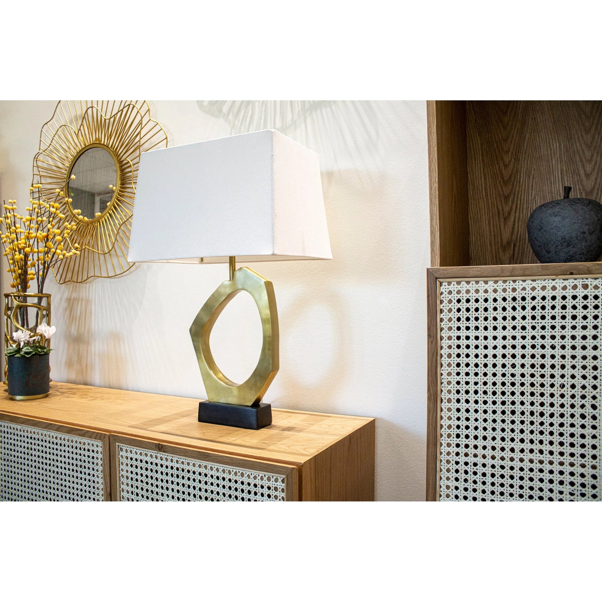 Skye Celestial Lamp by LH Imports in brass, black, off white and brass. Made from iron, aluminium, cotton in a unique style.